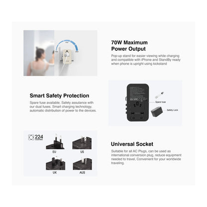 Mazer Infinite Travel PD 70W Gan Universal Travel Charger With Built-in USB C Cable , USB-A and USB-C Port - Forexengineer -Malaysia
