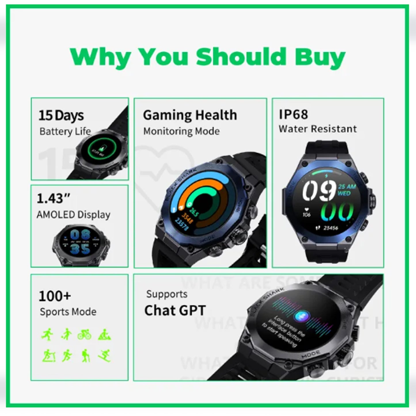 Black Shark S1 Pro Smartwatch 15 Days Battery Life , Build in AI Chatbot , Heatlh Monitoring & Bluetooth Call