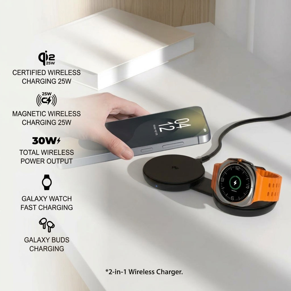 [ Samsung Edition ] Mazer MagPad Duo3 Qi2.2 Certified 2-in-1 Foldable Wireless Charging Pad for Galaxy Watch and Smartphones