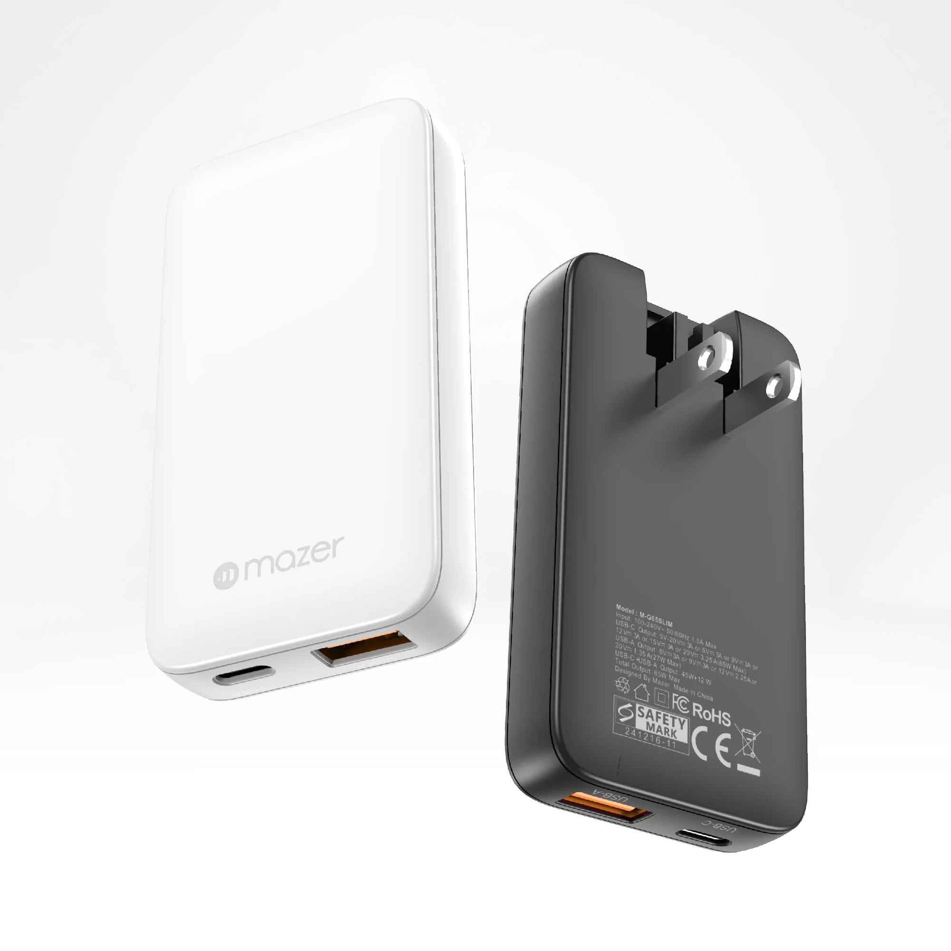 Mazer GaNPrestige Slim 65W GaN Wall Charger With Travel Pins 2 Ports ( 1 USB-C Port + 1 USB-A )