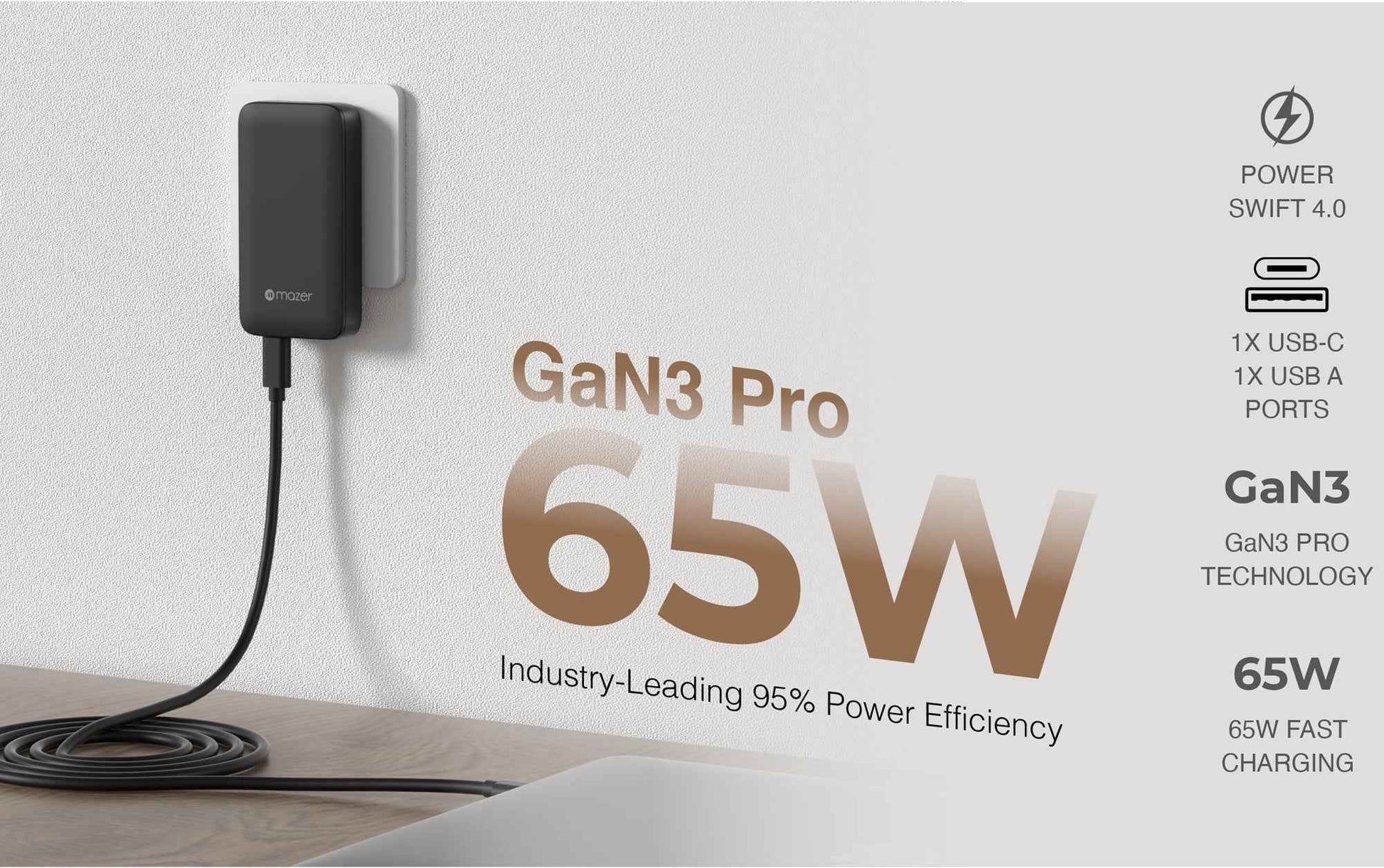Mazer GaNPrestige Slim 65W GaN Wall Charger With Travel Pins 2 Ports ( 1 USB-C Port + 1 USB-A )