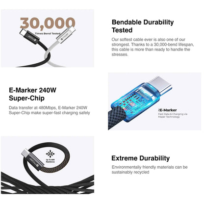 Mazer InfiniteFLEX2 Pro USB C to USB C Cable PD 240W 480Mbps Data Transfer 1M (Braided)