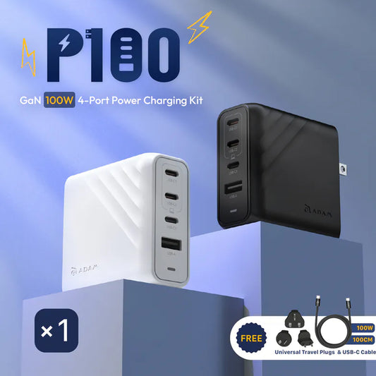 ADAM Elements P100 GaN 100W 4-Port Power Charging Kit with Universal Travel Plug and USB-C Cable