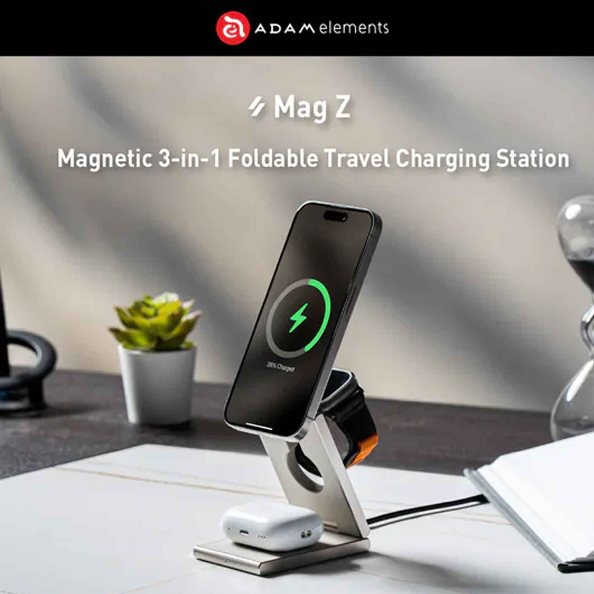 ADAM Elements Mag Z Magnetic 3in1 Foldable Travel Charging Station with USB-C Charging Cable Included