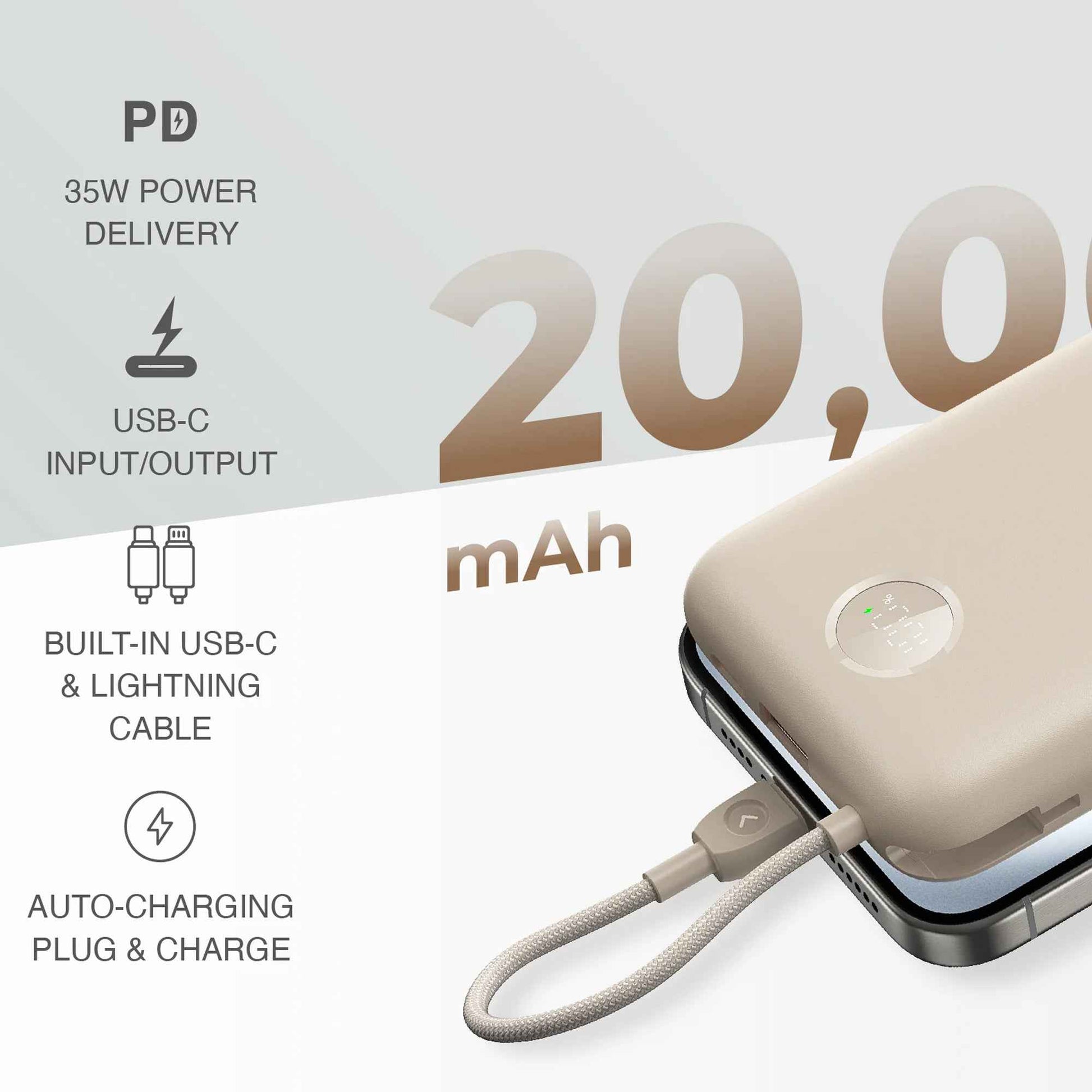 Mazer PowerCharge LINK 20000mAh Power Bank PD35W (Built-in USB-C + Lightning Cables)