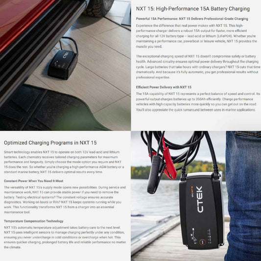 CTEK NXT 15 Smart Car Battery Charger 12V Lead Acid and Lithium-ion Batteries