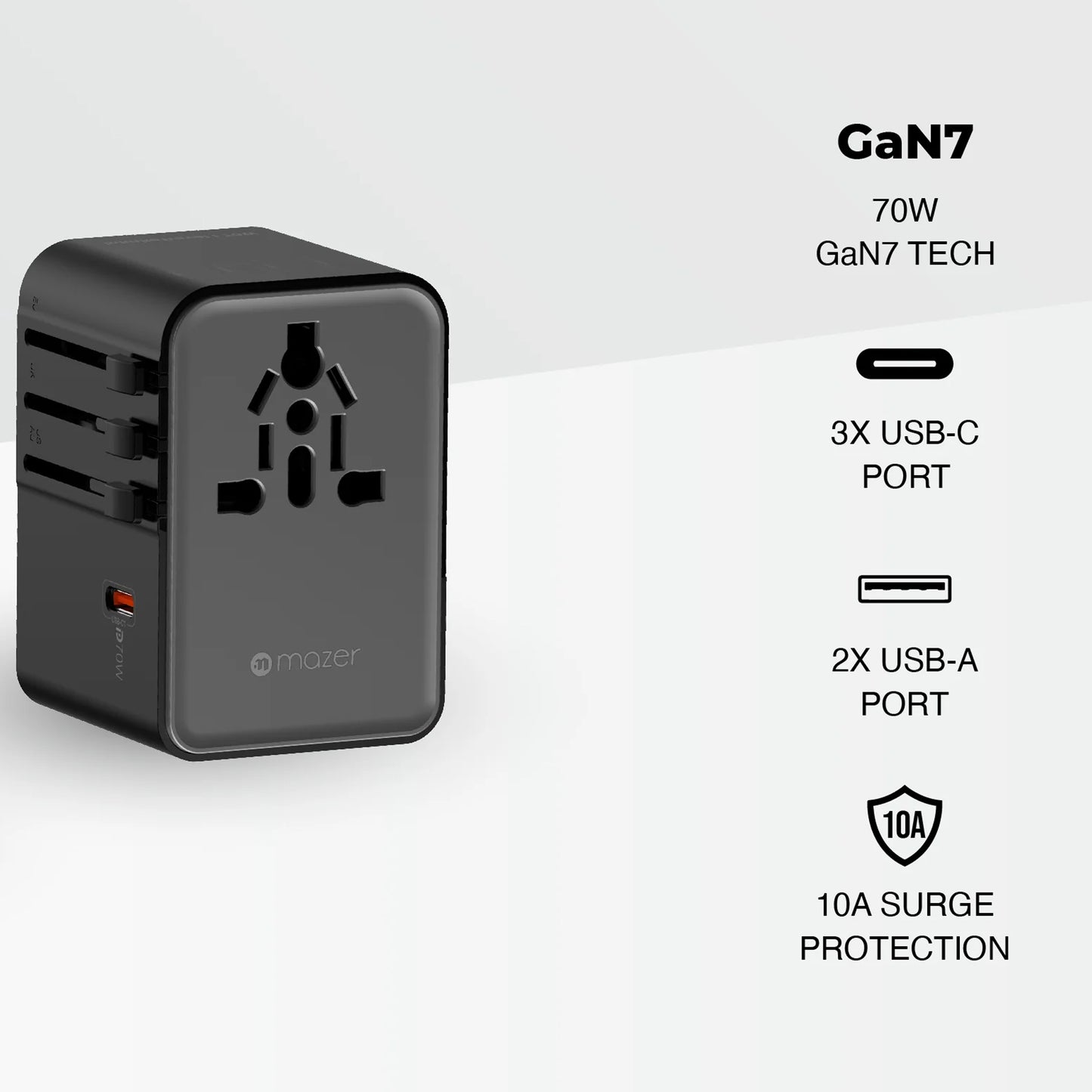 Mazer Infinite Travel PD 70W GaN Universal Travel Charger Adapter - 3 USB-C Port + 2 USB-A Port