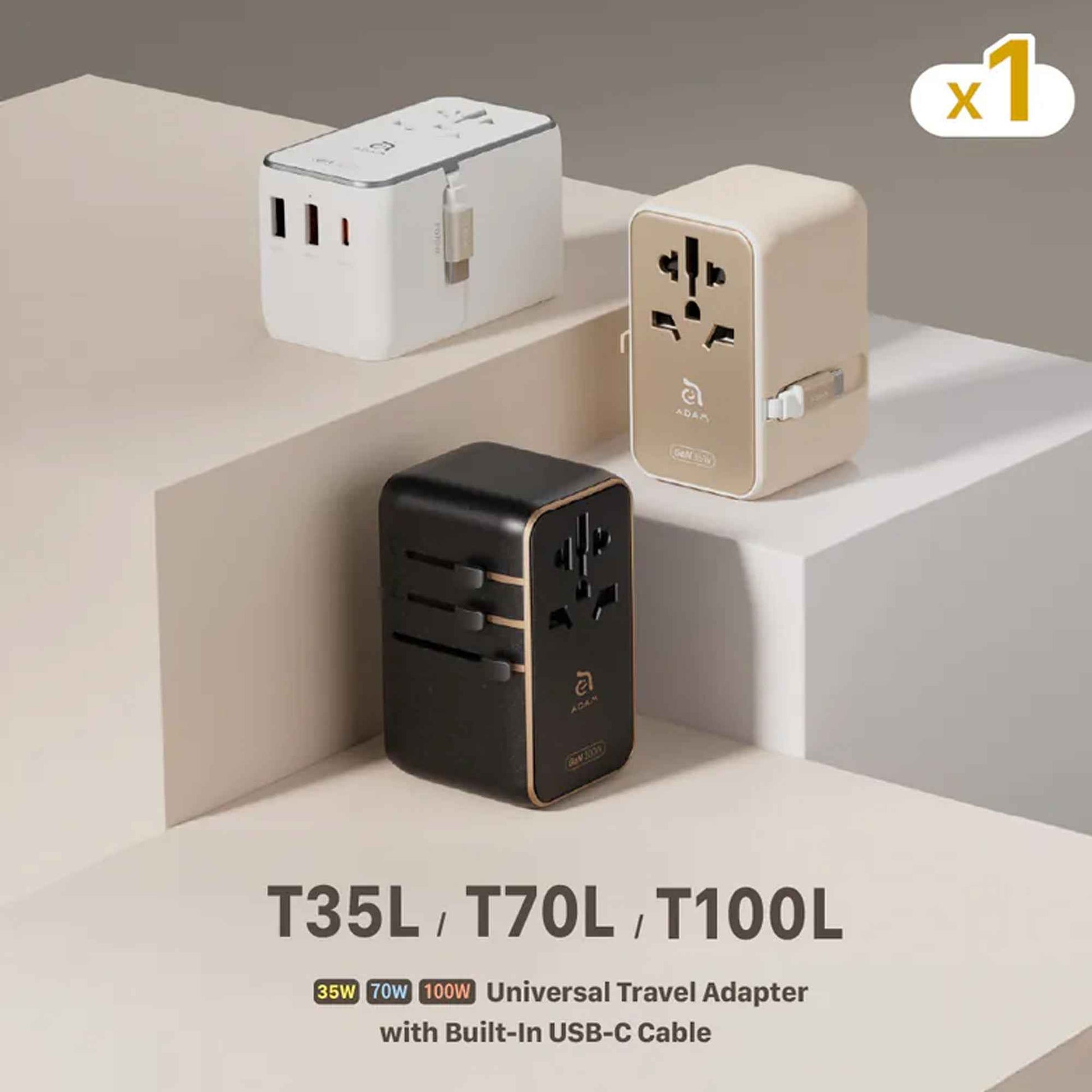 ADAM Elements T100L 100W Universal Travel Adapter with Built-In USB-C Cable