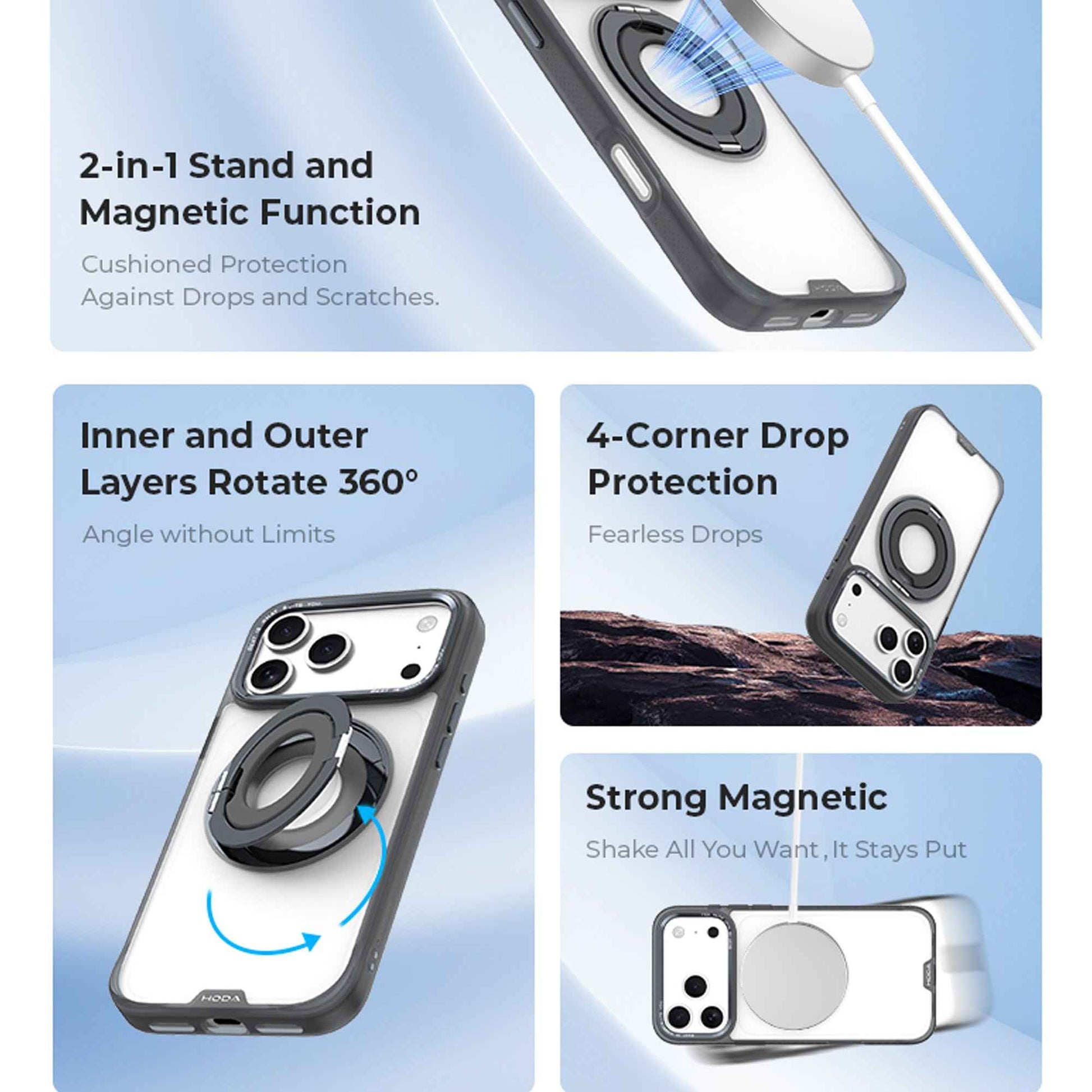 Hoda ROUGH Case Magnet with 360° Foldable Rotating Ring-holder Stand for iPhone 17 Pro Max / 17 Pro