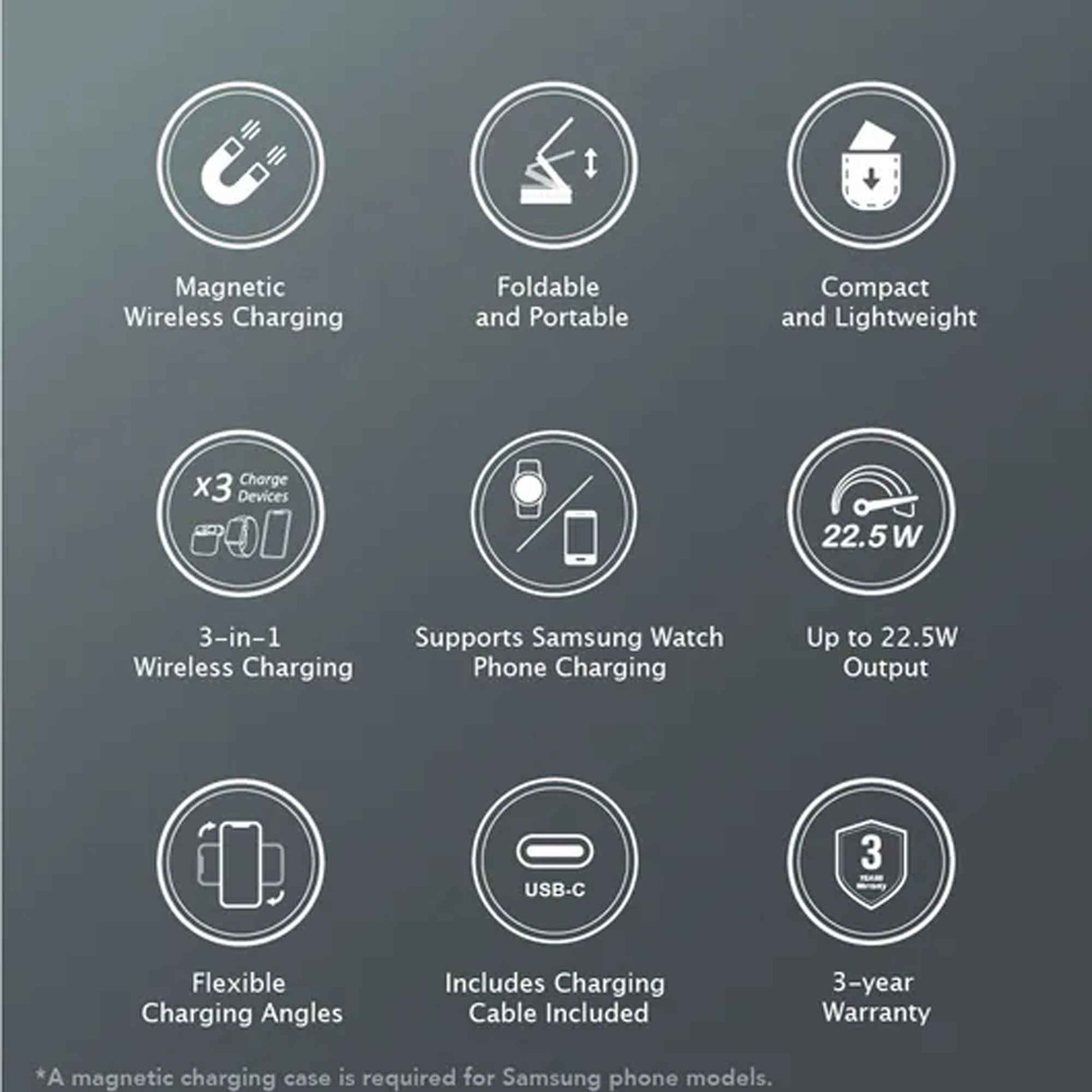 ADAM Elements Mag Z Magnetic 3in1 Foldable Travel Charging Station with USB-C Charging Cable Included