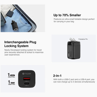 MAZER GaNPrestige 35W Fast Charging Travel Wall Charger ( 2 Ports ) USB-C / USB-A
