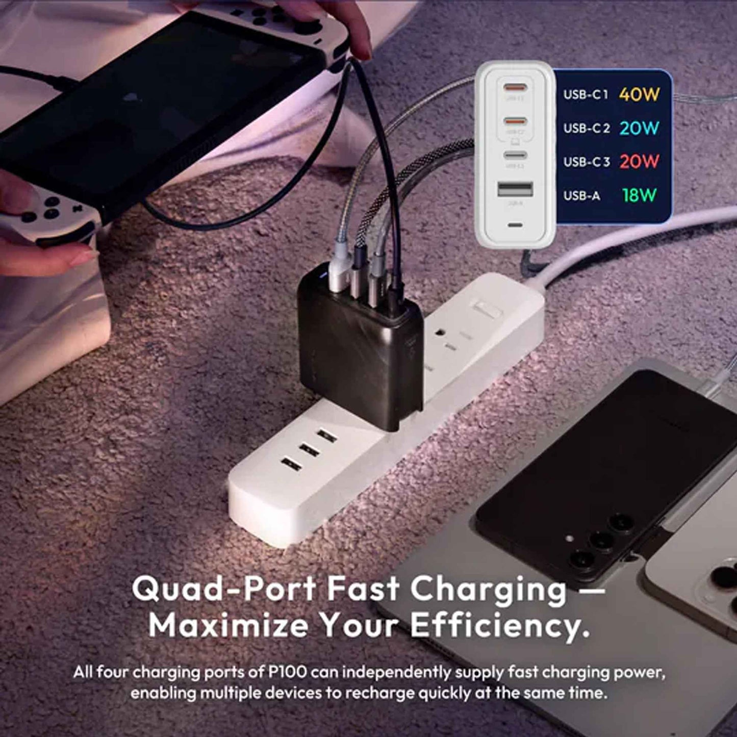 ADAM Elements P100 GaN 100W 4-Port Power Charging Kit with Universal Travel Plug and USB-C Cable