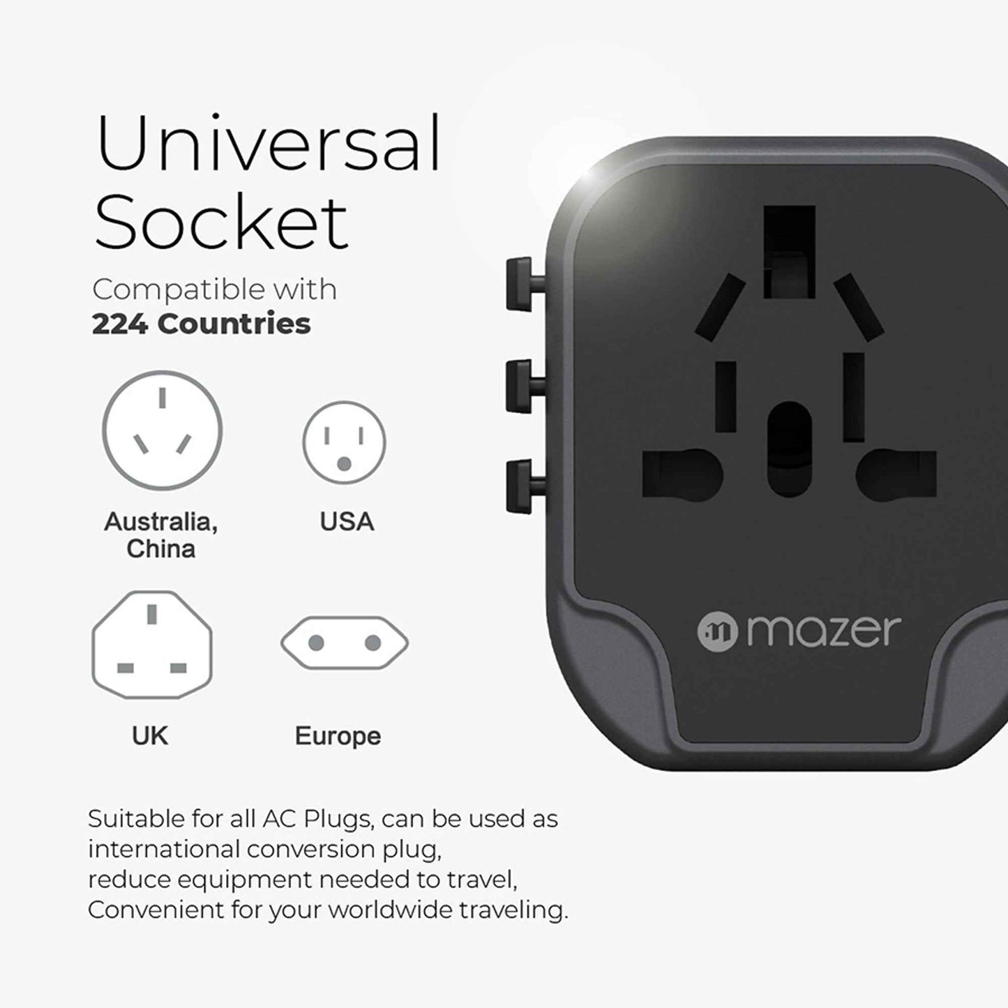 Mazer Infinite Travel Mini - Travel Adapter with Dual USB-A Port Fast Charging PD 12W / 2.4A