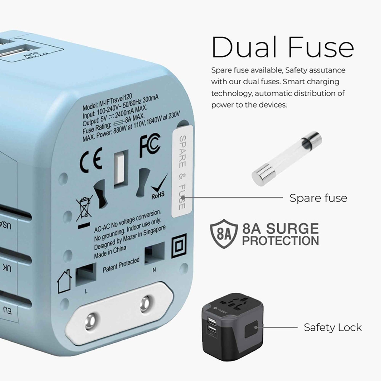Mazer Infinite Travel Mini - Travel Adapter with Dual USB-A Port Fast Charging PD 12W / 2.4A