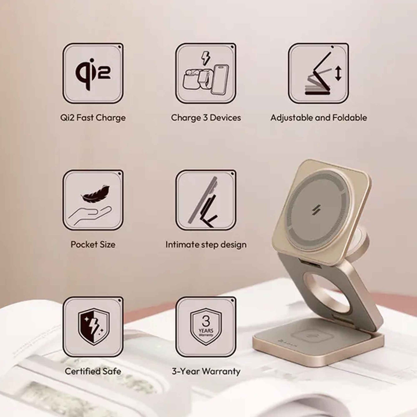 ADAM elements Mag 3 Pro Qi2 Magnetic 3-in-1 Foldable Travel Charging Station - Magnetic Ring Included