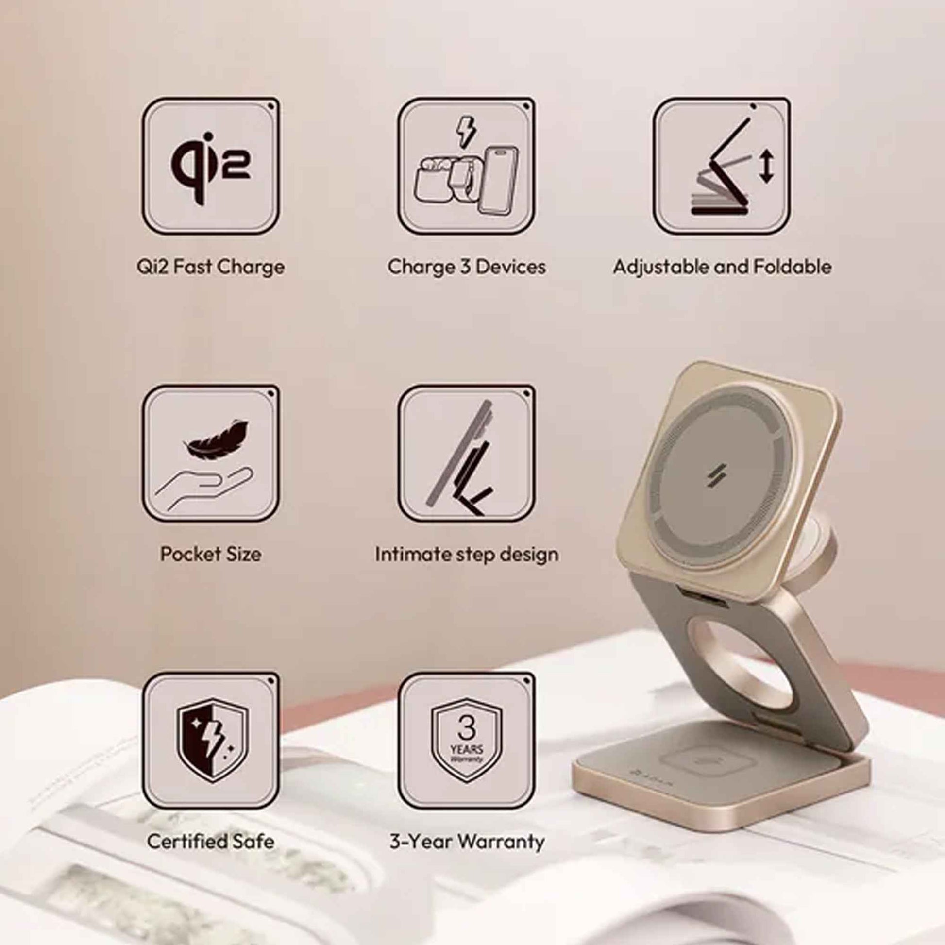ADAM elements Mag 3 Pro Qi2 Magnetic 3-in-1 Foldable Travel Charging Station - Magnetic Ring Included