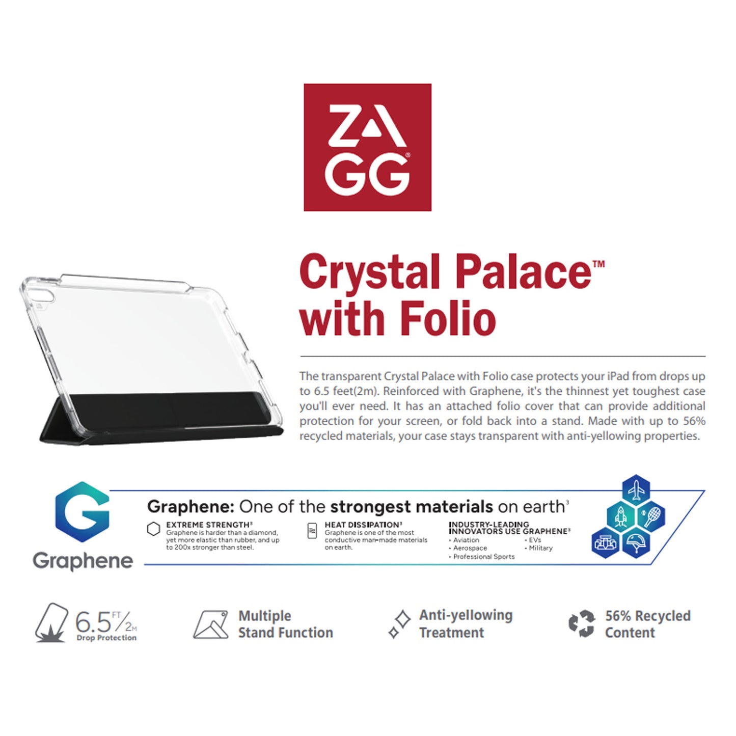 ZAGG Crystal Palace Folio Case for iPad Pro 11" / iPad Pro 13" ( 2024 ) M4 Multiple Stand Function Graphene Material - Clear