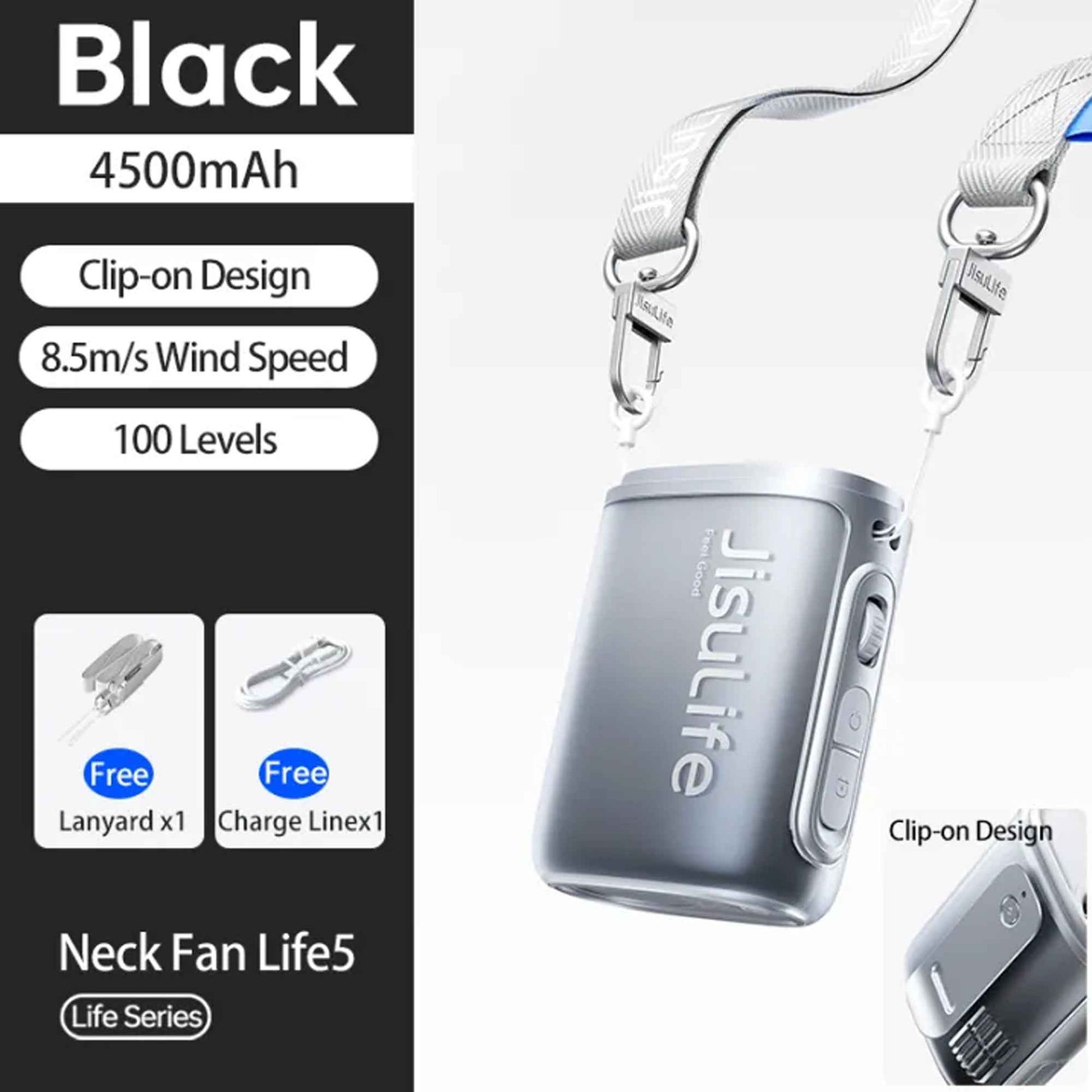 Jisulife Neck Fan Life5 100 Speed 40000RPM Cooling 4500mAh Battery with Lanyard