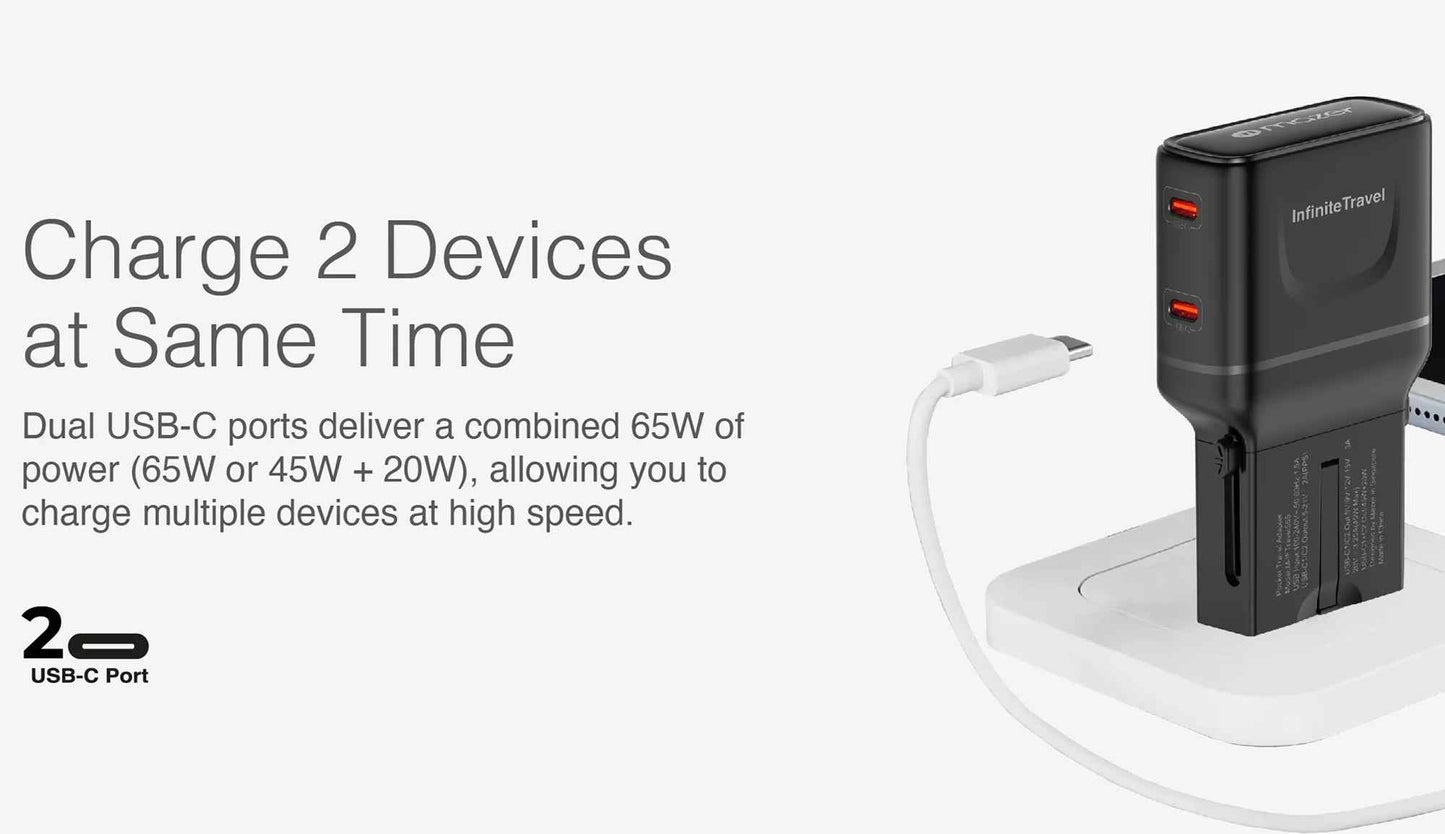 Mazer Infinite Travel Pocket 65W Universal Travel Charger - with 2 x USB-C Ports