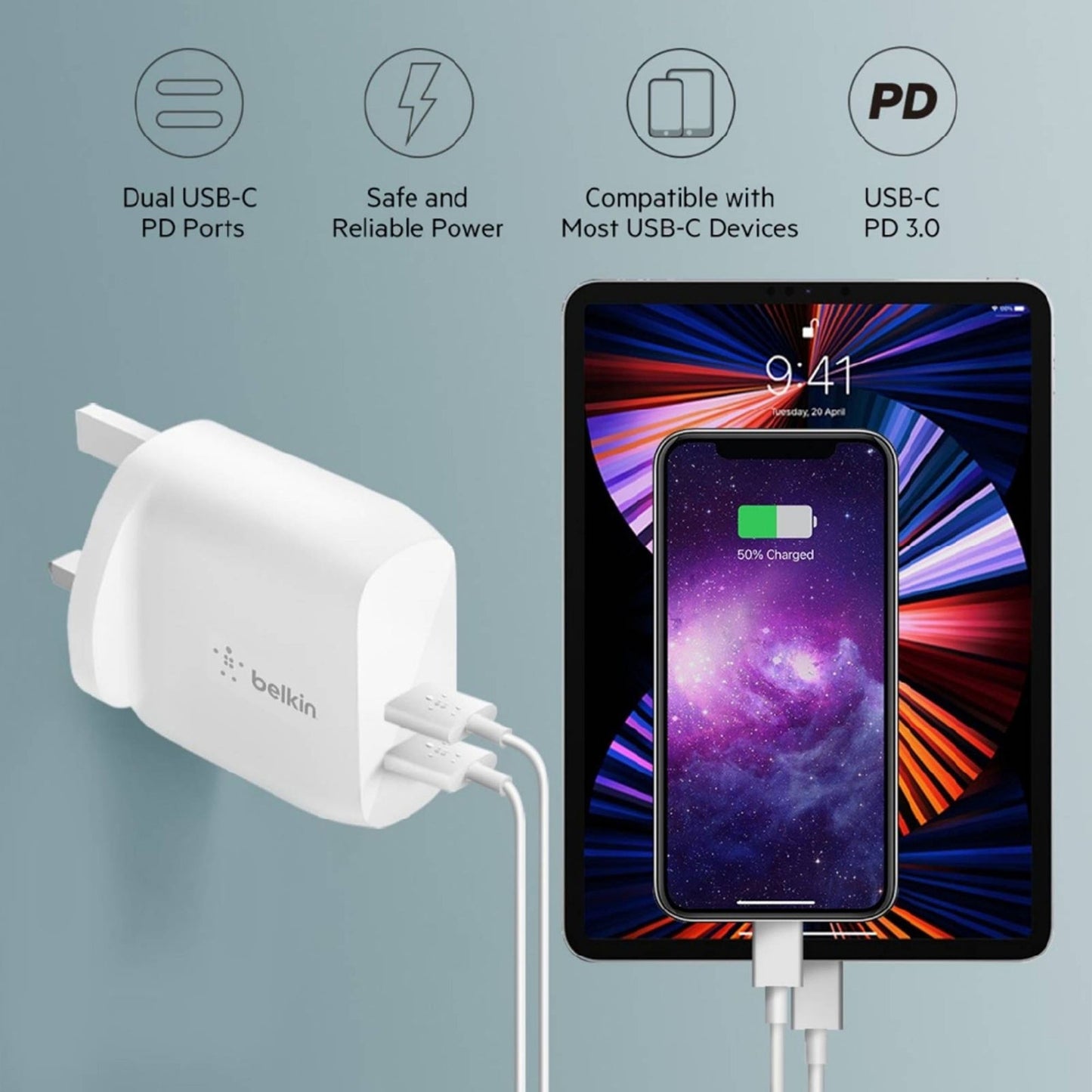 [ONLINE EXCLUSIVE] BELKIN BoostCharge Pro Dual USB-C PD 3.0 GaN 65W Wall Charger