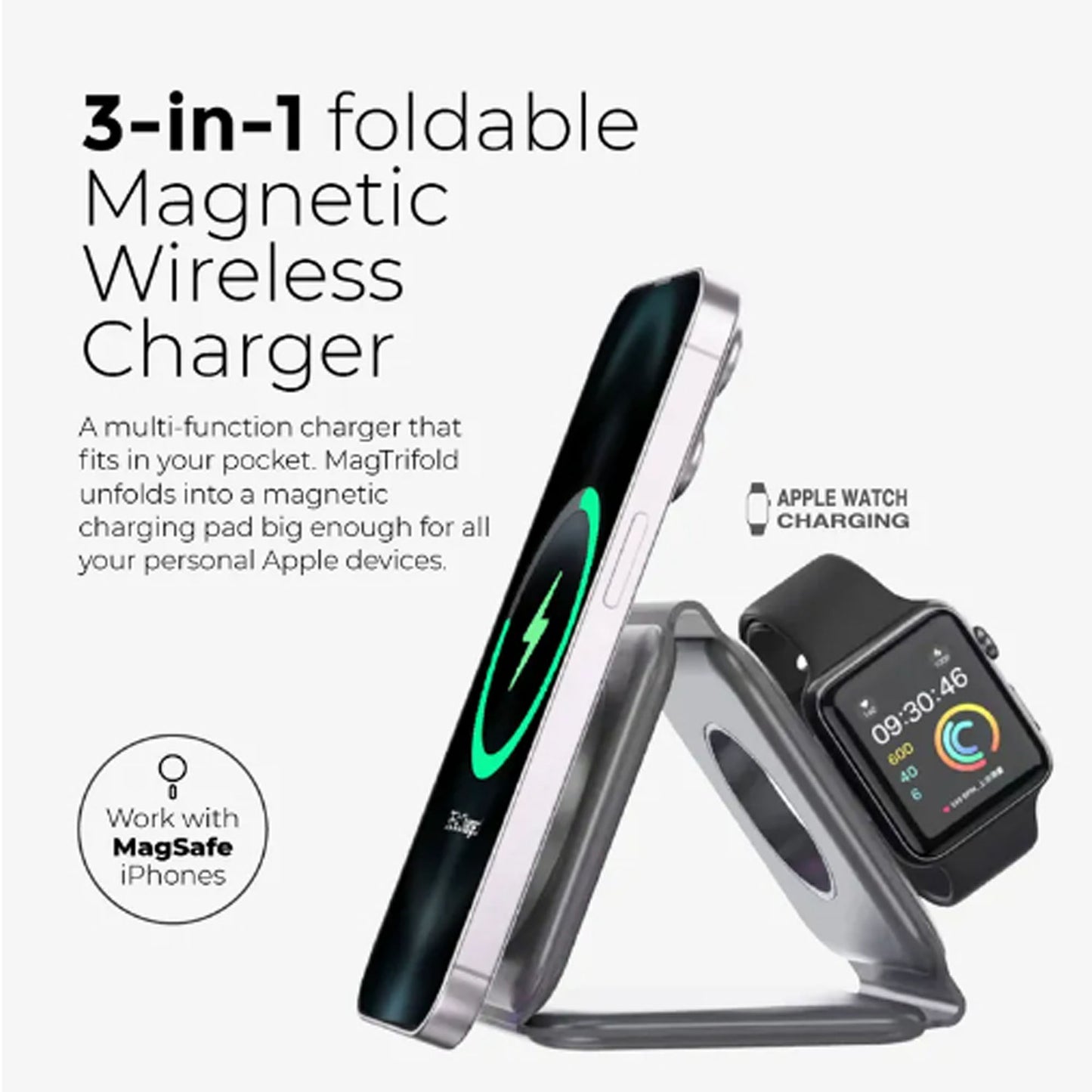 Mazer Mag Trifold 3-in-1 Foldable Wireless Charger - MagSafe and Apple Watch Charge Compatible with adapter 30W GAN