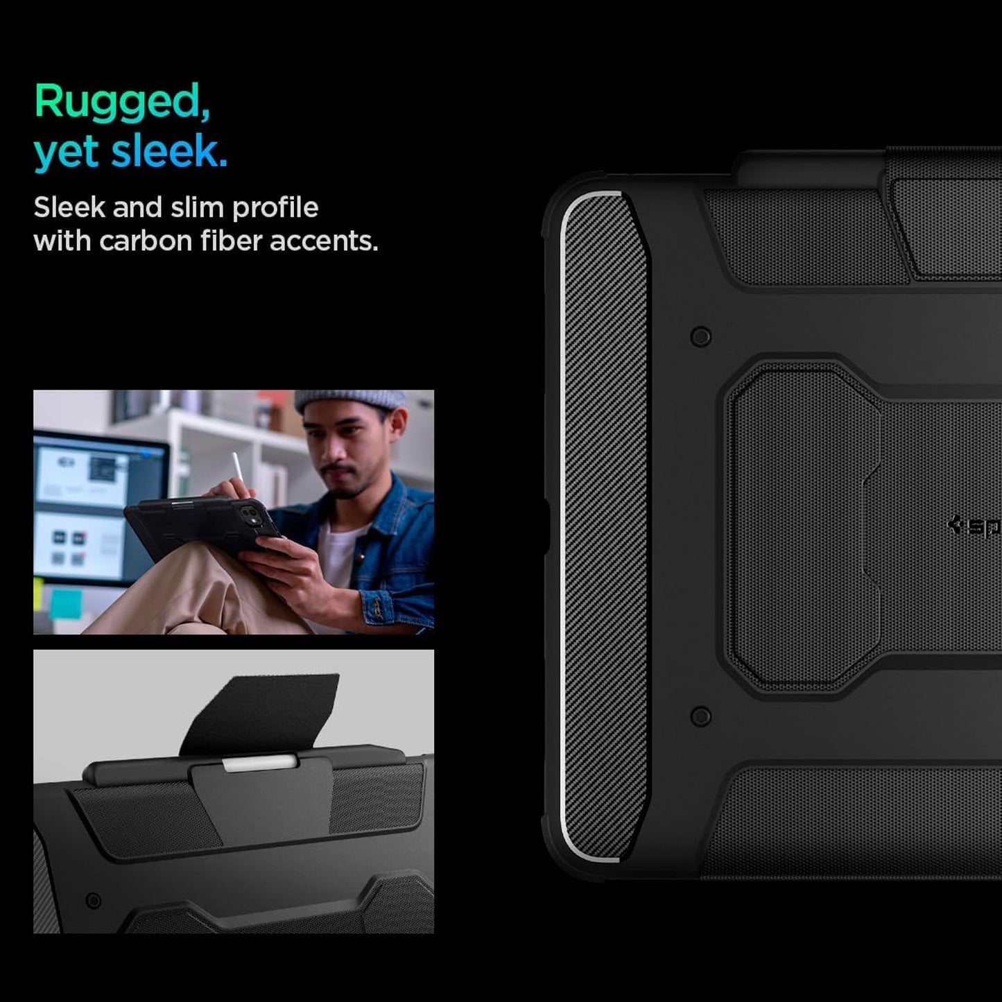 Spigen Rugged Armor Pro Case for iPad Pro 13" / iPad Air 11'' ( 2024 ) M4 - With Carbon Fiber Detailing - Black