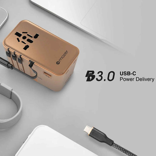 MAZER Infinite Travel Adapter PD100W GaN Universal Travel Charger With Built-in USB C Cable