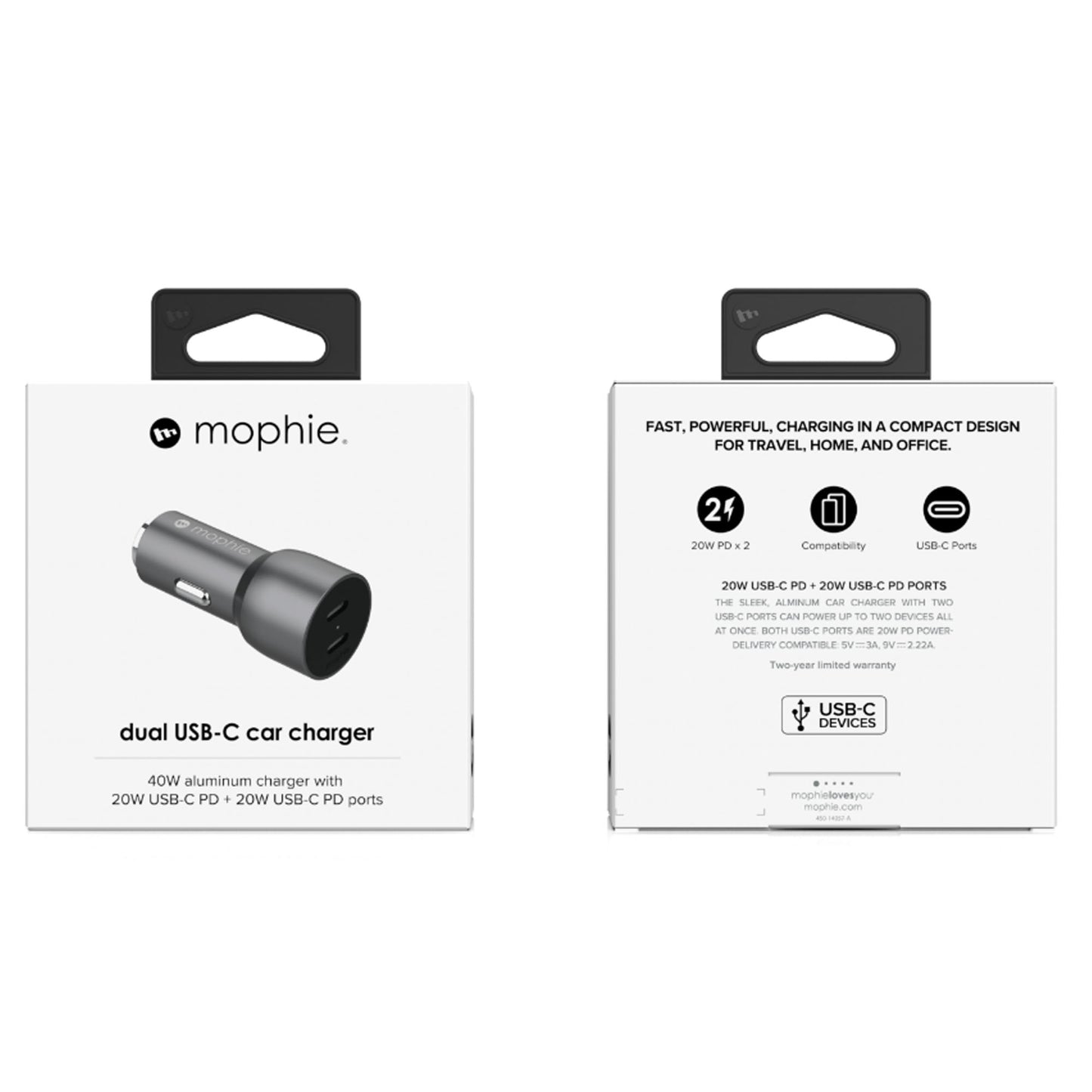 Mophie 40W Dual USB-C Car Charger ( 20W USB-C + 20W USB-C PD ) - Space Gray (Barcode: 840056174573 )