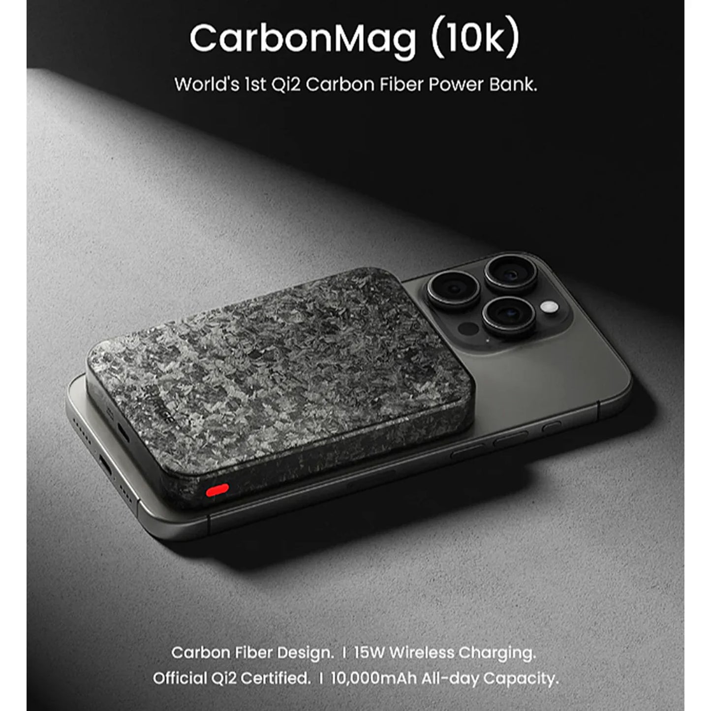 Sharge CarbonMag 10K - Magsafe Compatible and Support Qi2 15W Wireless Charging Carbon Fiber Power Bank PD20W 10,000mAh