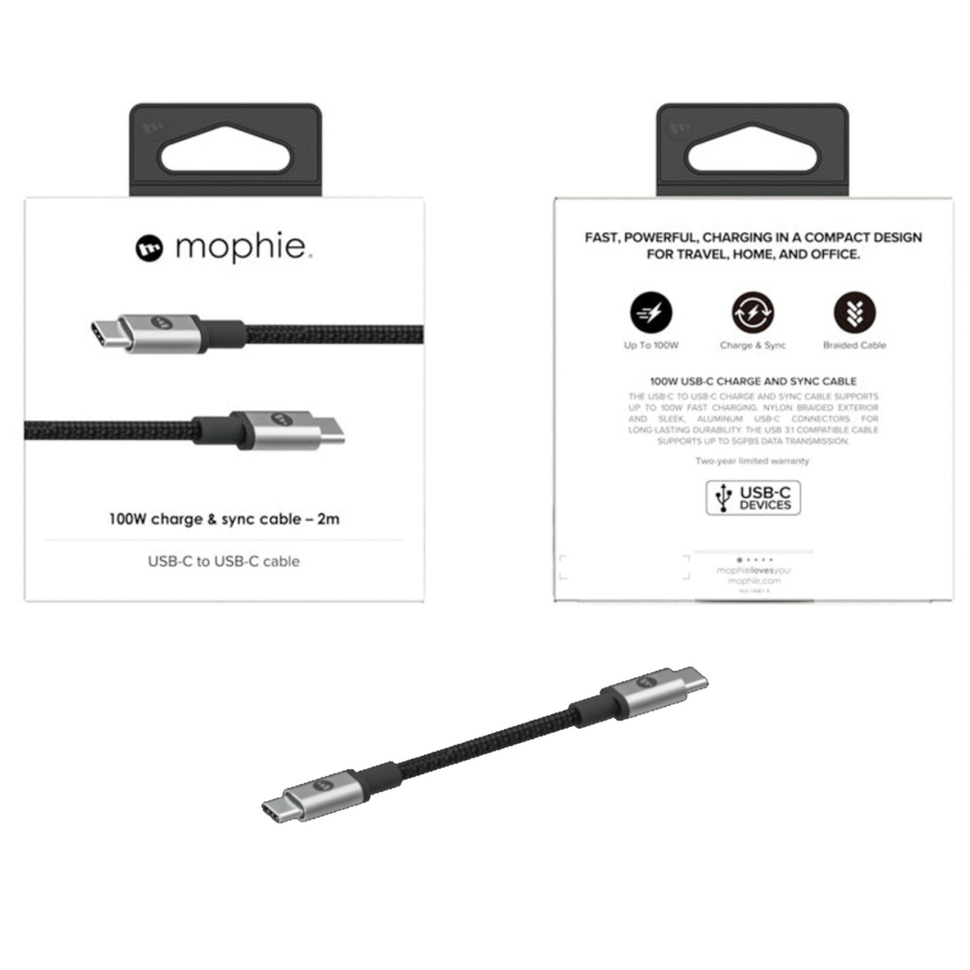Mophie Cable 100W USB-C to USB-C 3.1 Charge & Sync Cable ( 5GBPS ) High Speed Data Transfer - Forexengineer -Malaysia- 840056174030-840056174047