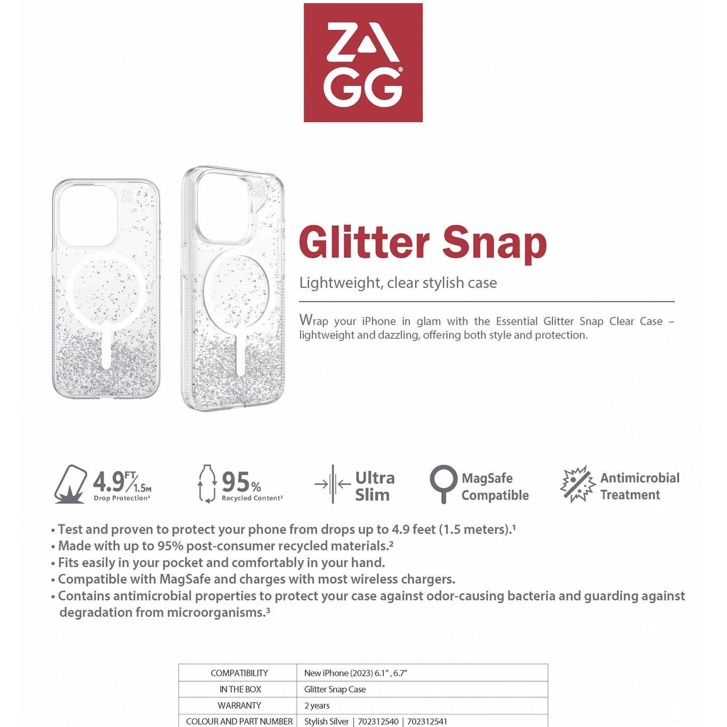 ZAGG Essential Glitter Snap Case for iPhone 15 Series - MagSafe Compatible