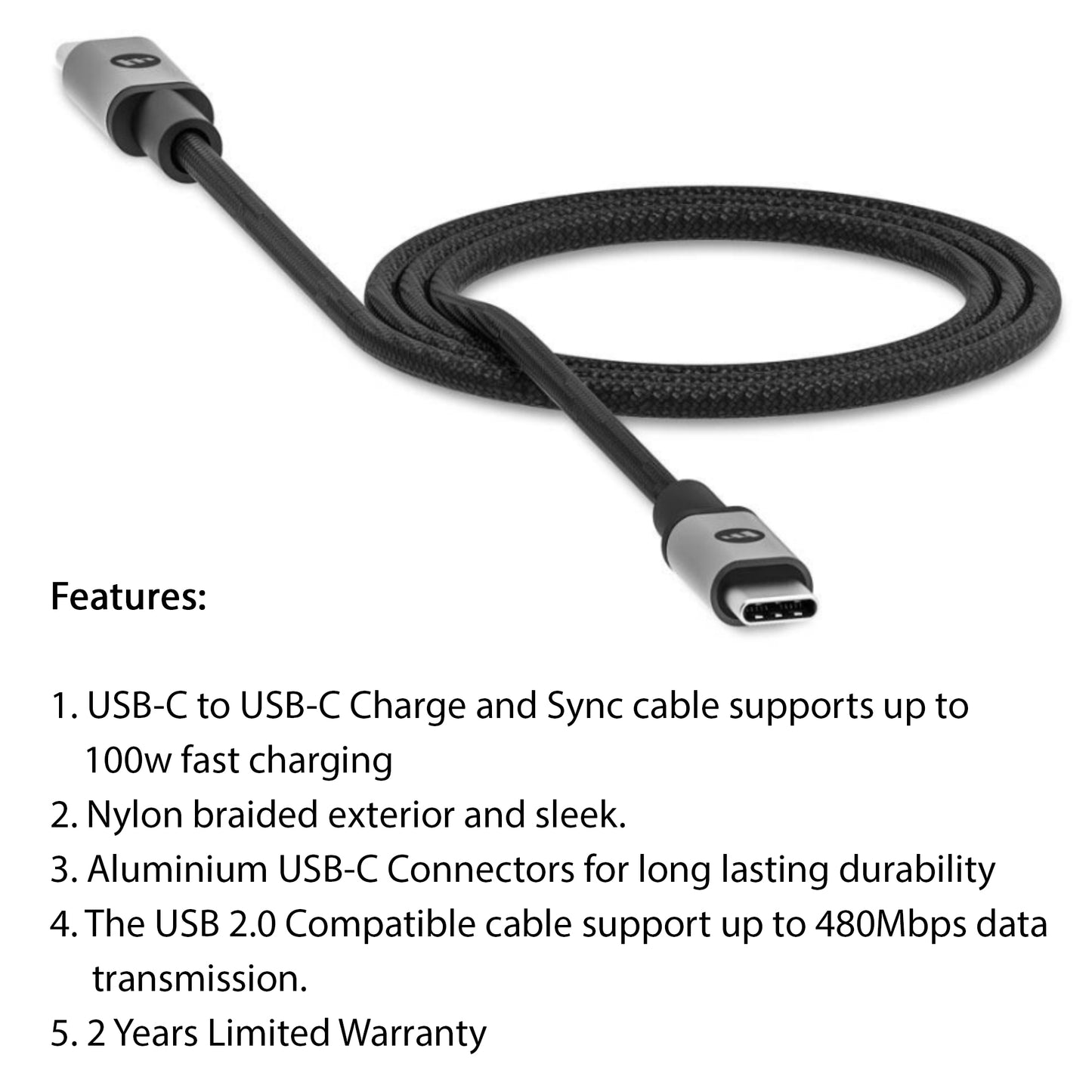 Mophie Cable 100W USB-C to USB-C 2.0 Charge & Sync Cable - 480Mbps Data Transfer