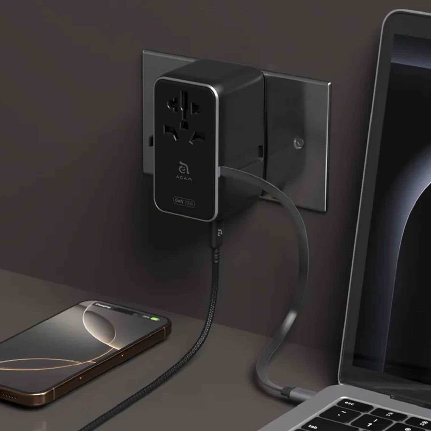 ADAM Elements T70L ﻿70W Universal Travel Adapter with Built-In USB-C Cable