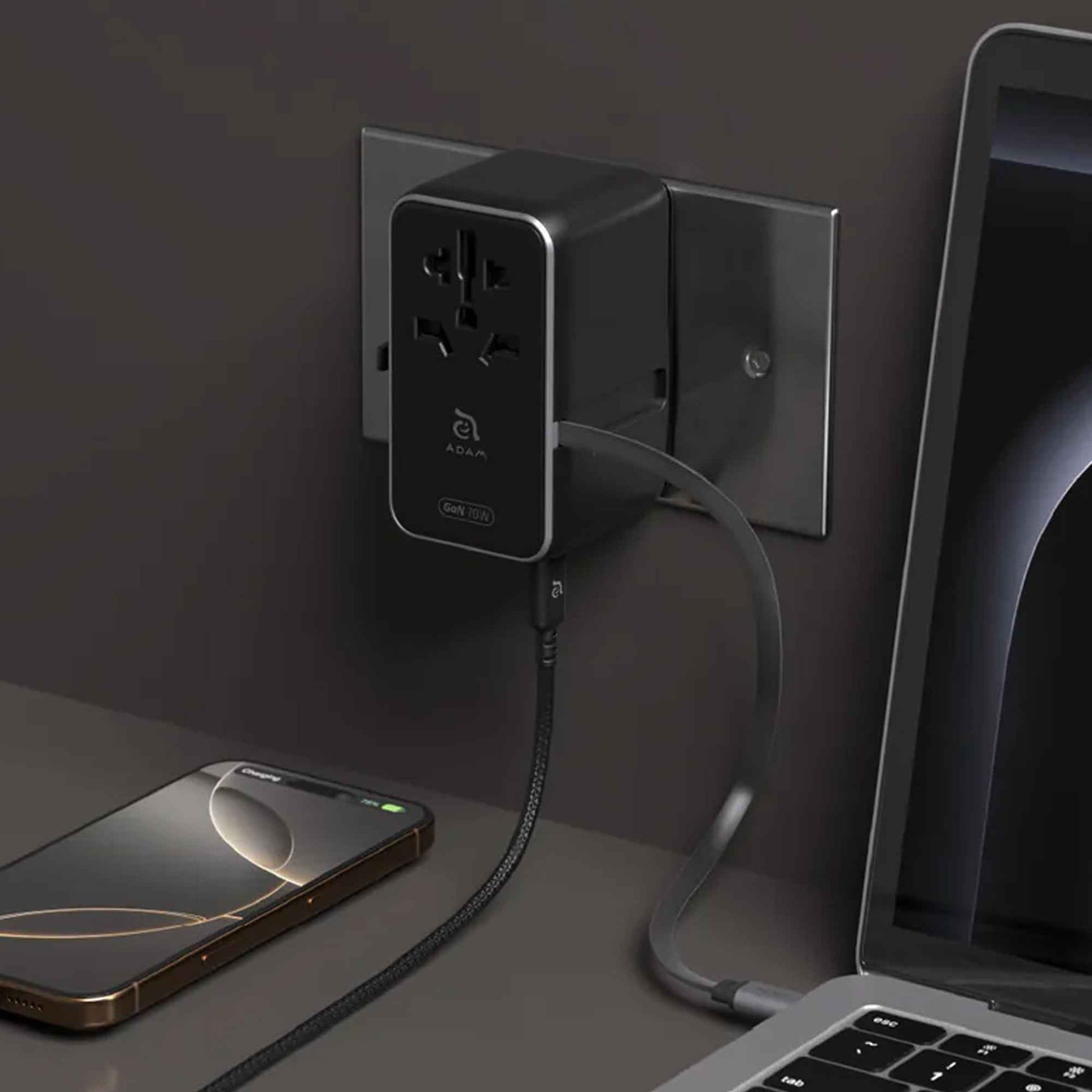 ADAM Elements T70L ﻿70W Universal Travel Adapter with Built-In USB-C Cable