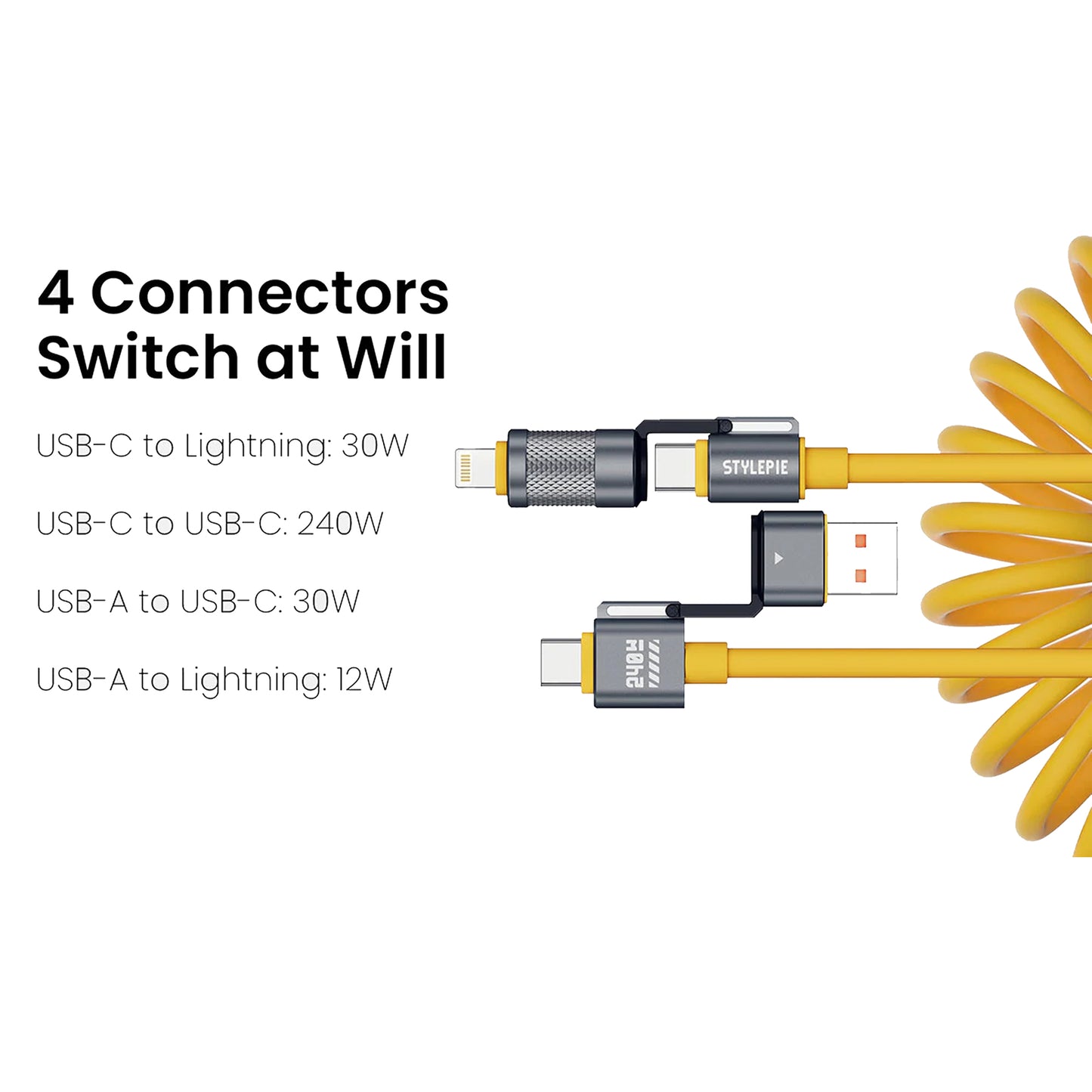 STYLEPIE C74 240W 3.1 PD 4-in-1 Fast Charge Coiled Cable 1.8m 480Mbps Data Transfer