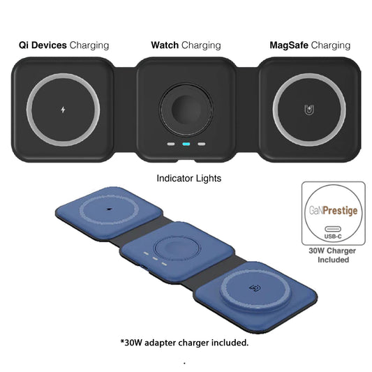 Mazer Mag Trifold 3-in-1 Foldable Wireless Charger - MagSafe and Apple Watch Charge Compatible with adapter 30W GAN