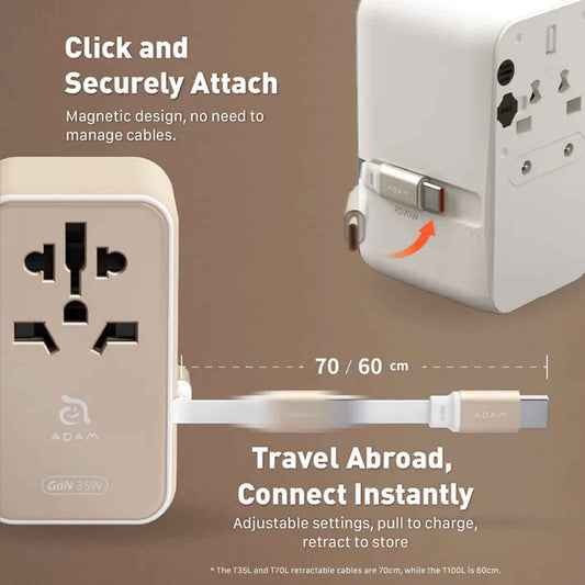 ADAM Elements T100L 100W Universal Travel Adapter with Built-In USB-C Cable