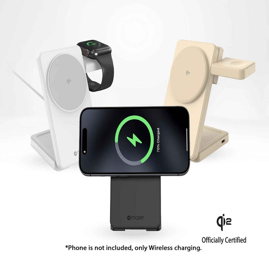 Mazer MagFold06 Qi2 Certified 15w Foldable 3-in-1 Wireless Charger - with MCMC/SIRIM Cert