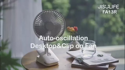 JisuLife Desk + Clip Fan Oscillating Fan FA13R 8000mAh Battery 4 Wind Speed Rotating Use Up to 28 Hours Cool.