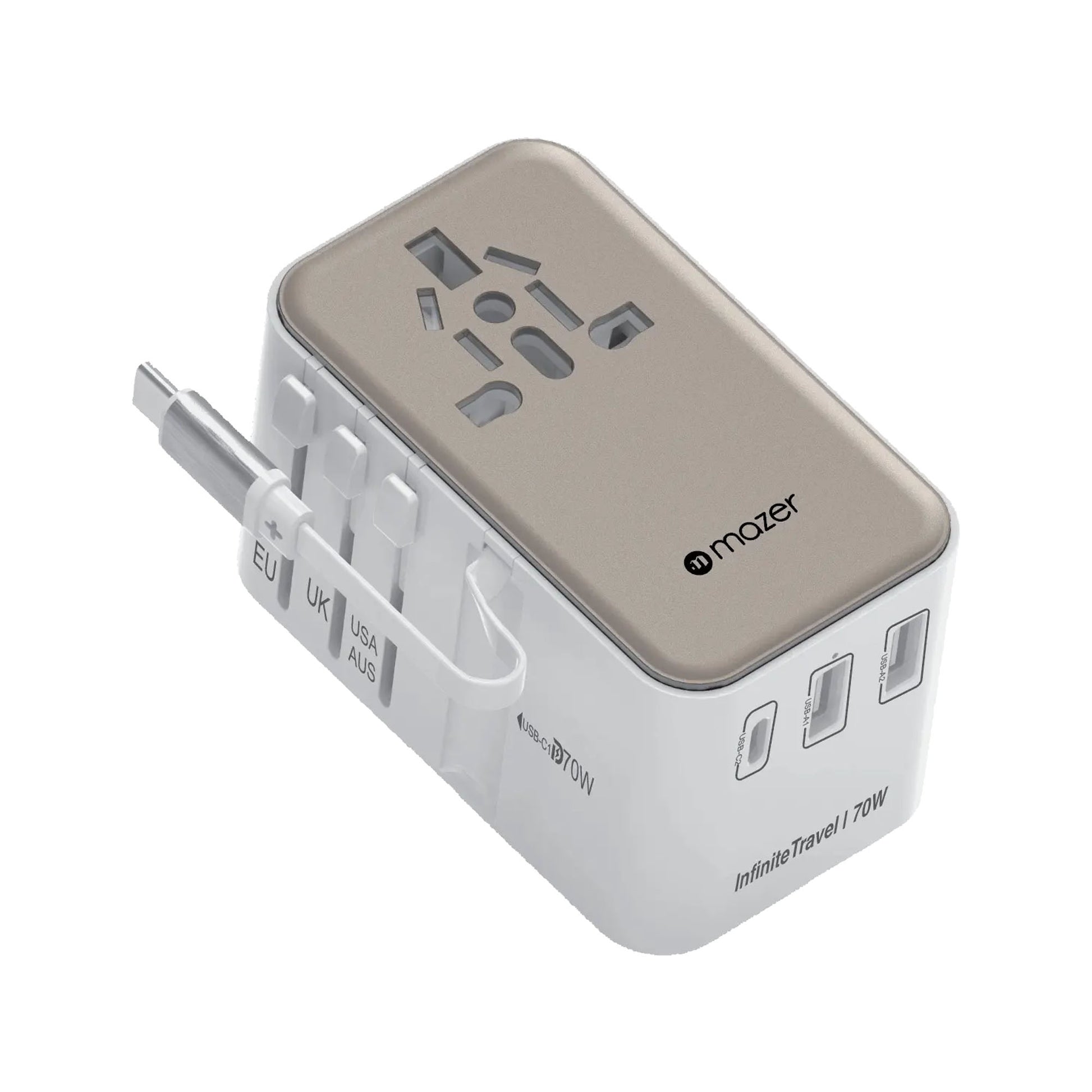 Mazer Infinite Travel PD 70W Gan Universal Travel Charger With Built-in USB C Cable , USB-A and USB-C Port - Forexengineer -Malaysia