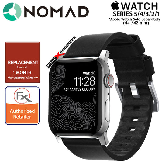 Nomad Active Strap Waterproof Black Leather for Apple Watch Series 7 - SE - 6 - 5 - 4 - 3 - 2 - 1 ( 45mm - 44mm - 42mm ) ( Silver Hardware ) ( Barcode : 856500018324 )