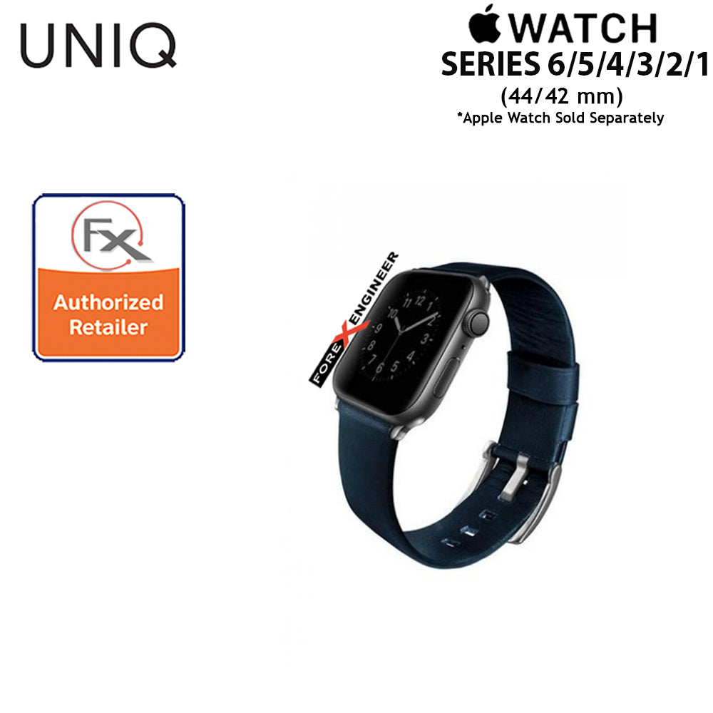 UNIQ Mondain Leather Strap for Apple Watch Series 7 - SE - 6 - 5 - 4 - 3 - 2 - 1  (  45mm - 44mm - 42mm ) - Premium Stainless Steel Buckle Matches Leather - Blue ( Barcode : 8886463667750 )