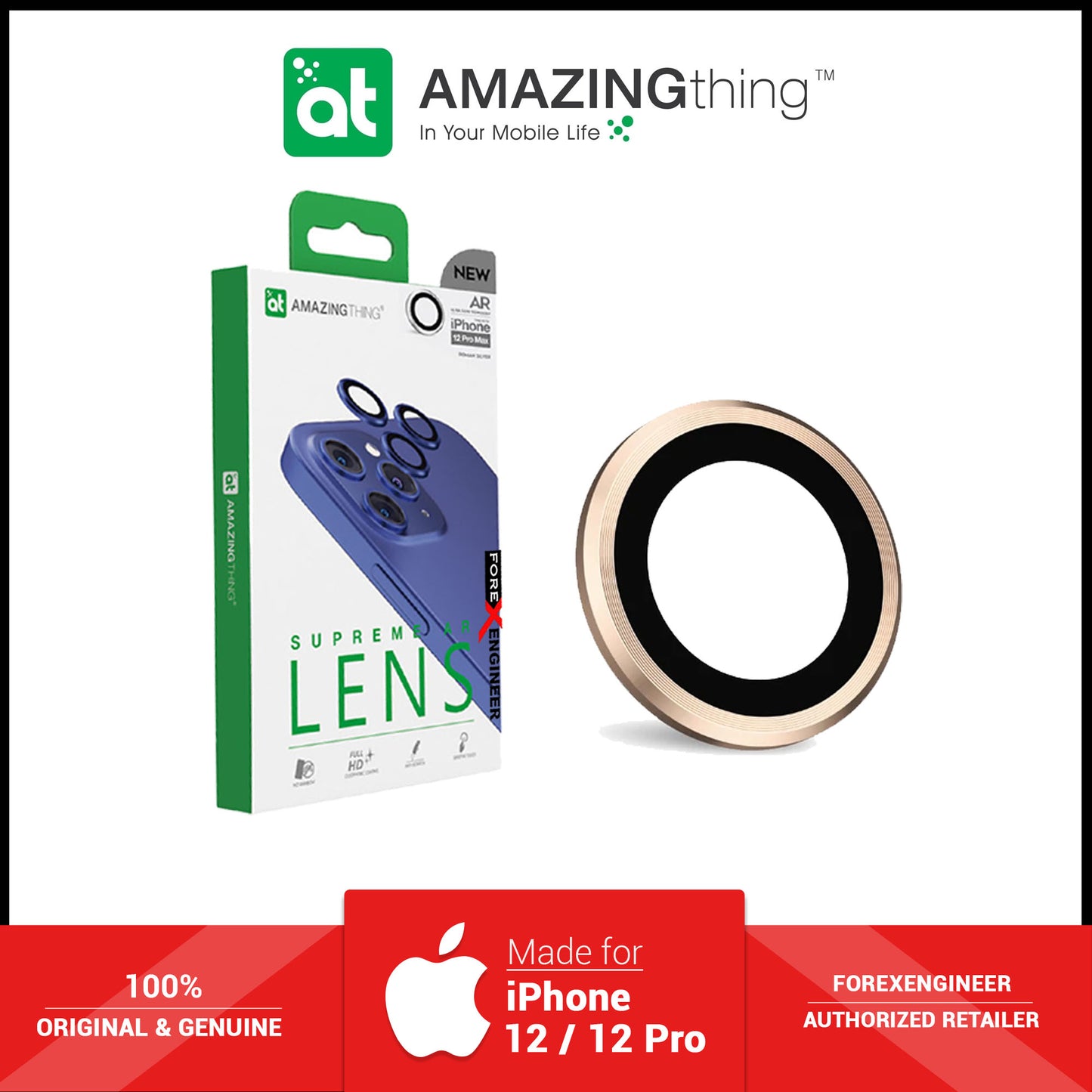 AmazingThing SUPREME AR 3D Lens Protector for iPhone 12 Pro - 3 pcs - Gold (Barcode: 4892878062930 )