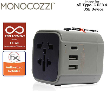 [RACKV2_CLEARANCE] Monocozzi Bon Voyage Travel Adaptor with 4.5A Dual USB and USB-C Connector Charcoal color