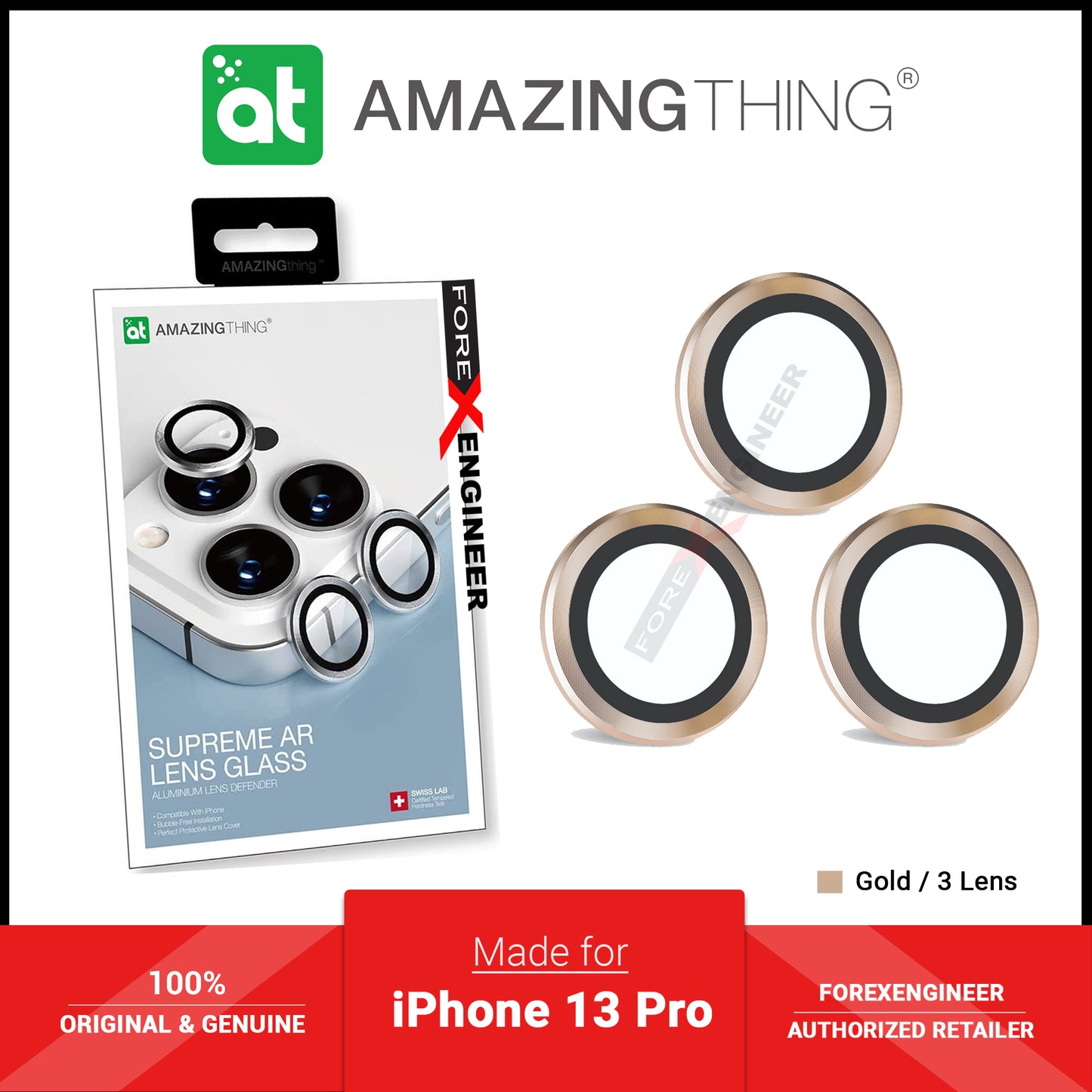 AMAZINGthing SUPREME AR 3D LensGlass Protector for iPhone 13 Pro 6.1" 5G ( Three Lens ) - Gold (Barcode: 4892878069519 )