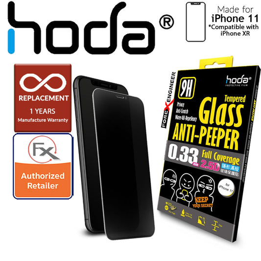 Hoda Tempered Glass for iPhone 11 ( Compatible with iPhone XR ) - 2.5D 0.33mm Full Coverage Anti-Peeper Privacy Screen Protector (Black) + FREE Alchohol Swab + 1 Year Warranty