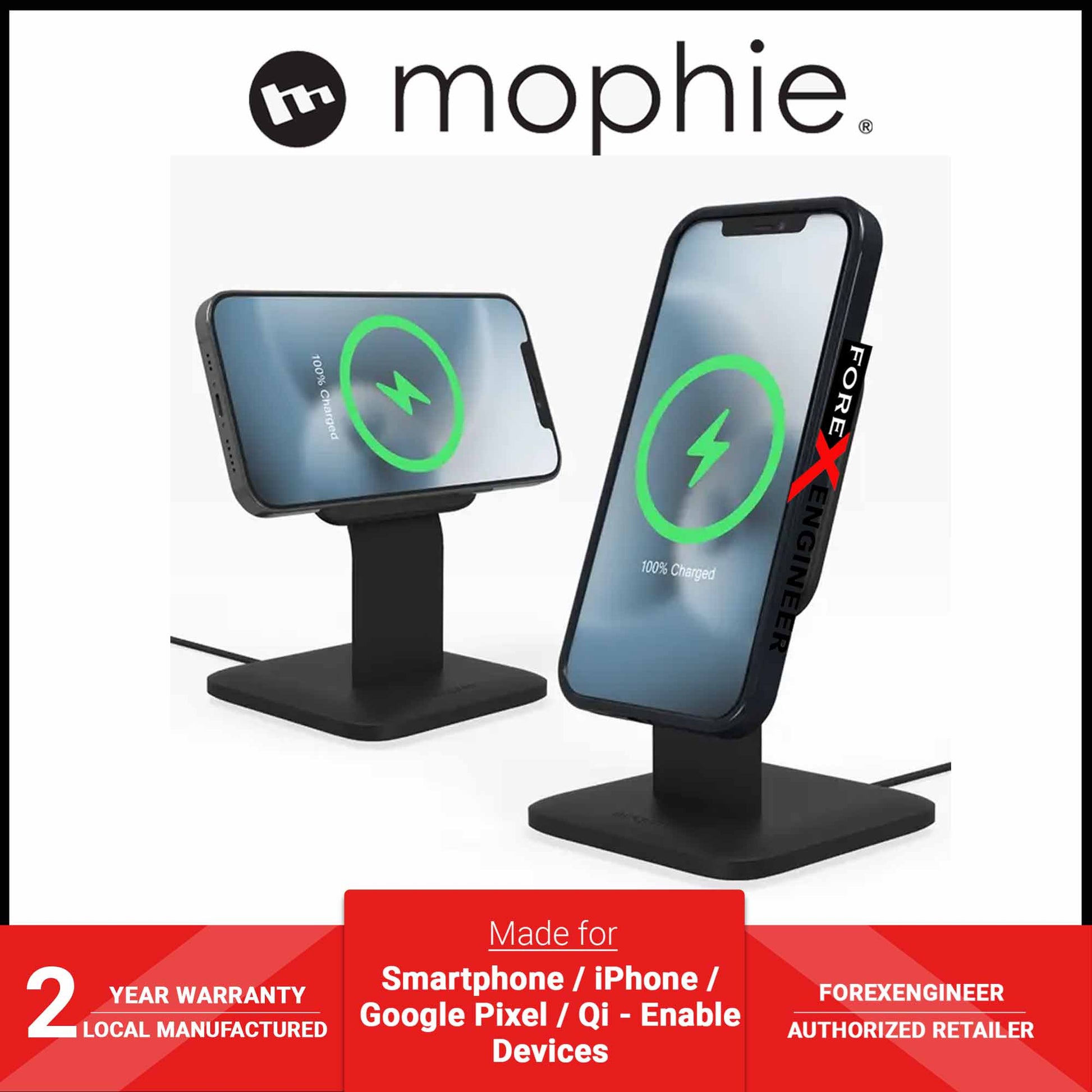 Mophie Snap+ Wireless Charging Stand 15W for iPhone - Smartphone - Qi-enable Devices ( Include Snap Adapter )- MagSafe Compatible - Black (Barcode: 840056140646 ) - Forexengineer -Malaysia- 840056140646