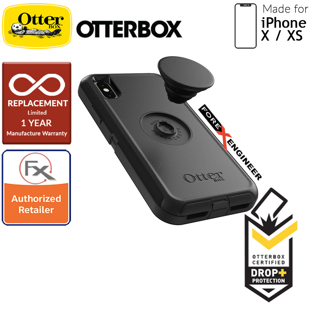 OTTER + POP Defender for iPhone X - Xs - Rugged Protective Case with PopSockets - Black