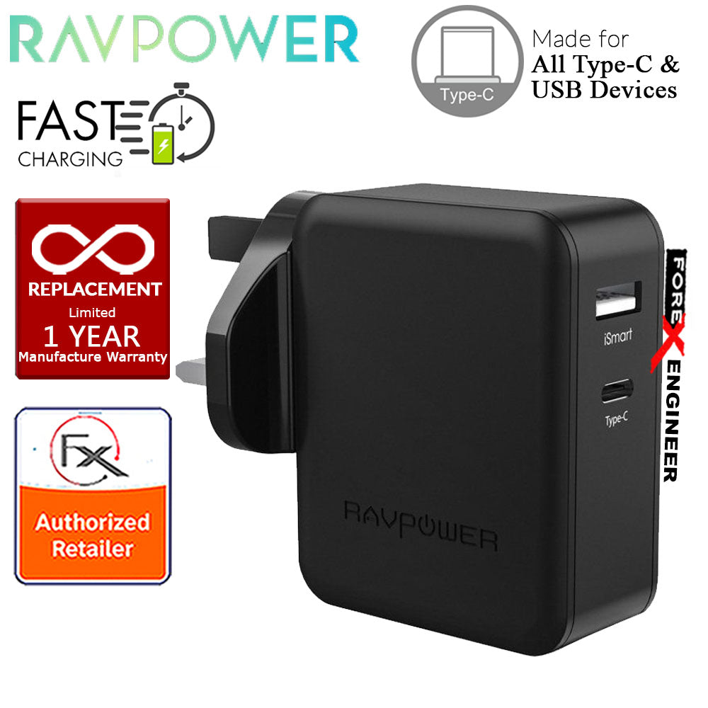 [RACKV2_CLEARANCE] RavPower Power Delivery Desktop Charger 2 Port PD36W ( 1 USB Port + 1 Type C) - Black