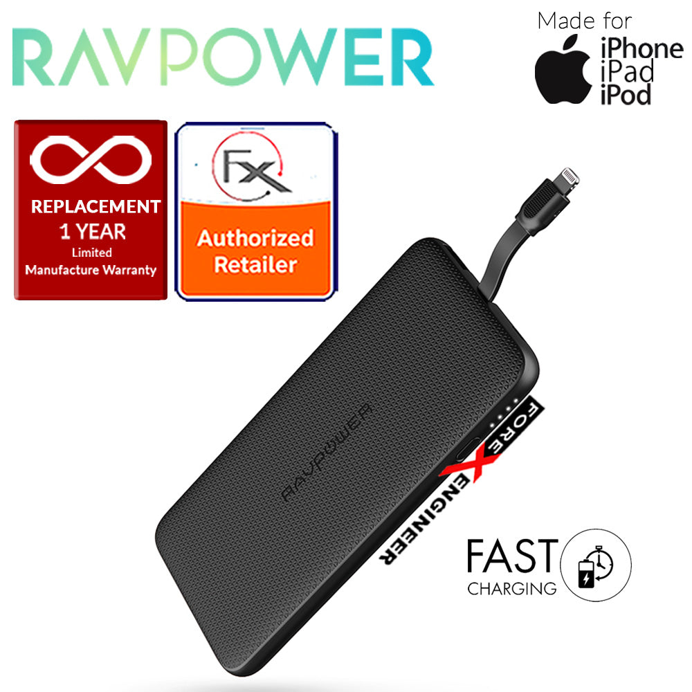 RavPower RP-PB099 Power Bank 10000mAh capacity with Built-In Lightning Cable - Black